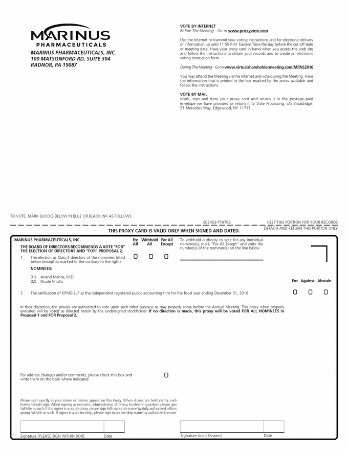 MARINUS PHARMACEUTICALS INC